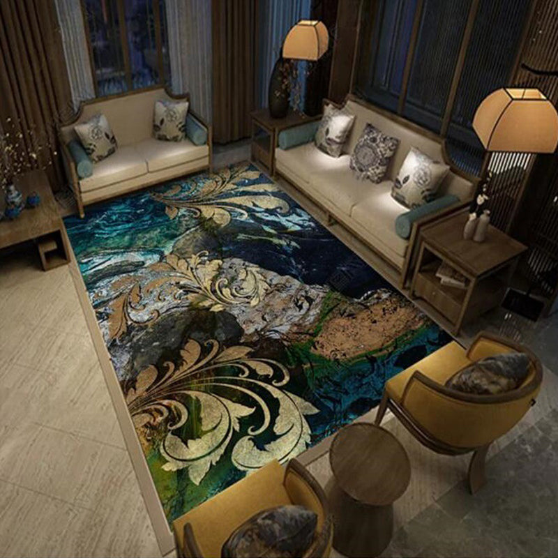Sikunuo | Blue and gold vintage carpet polyester paisley pattern carpet washable non-slip backing carpet for living room