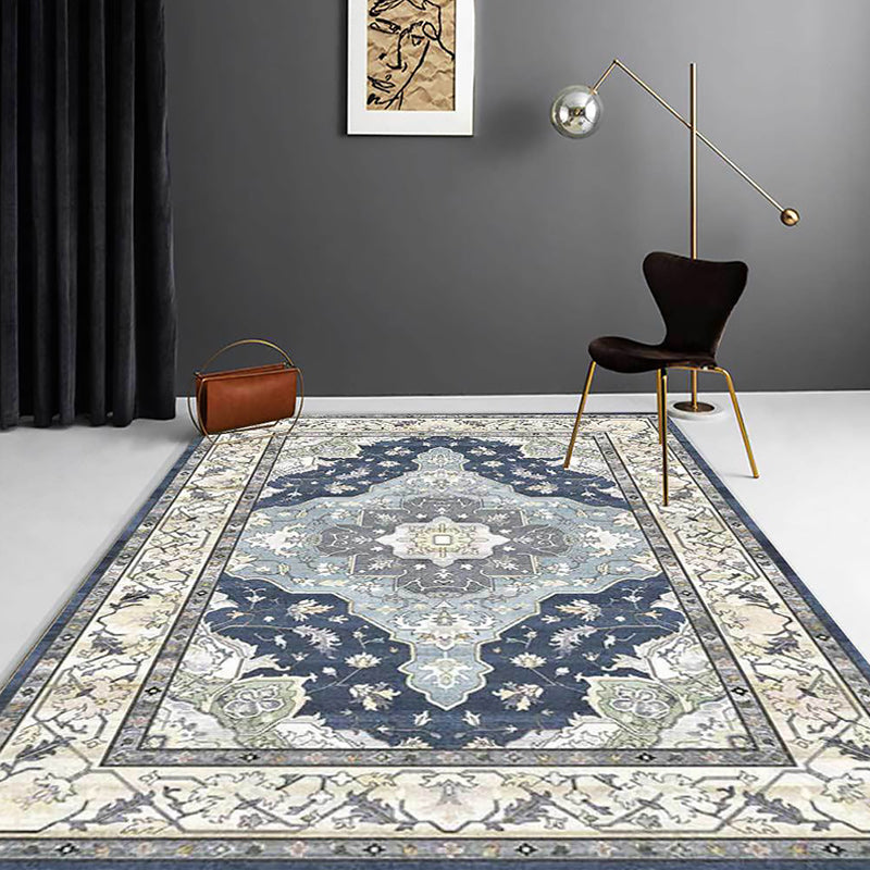 Sikunuo | Moroccan Living Room Rug in Blue Medallion Floral Pattern Rug Polyester Stain Resistant Non-Slip Area Rug