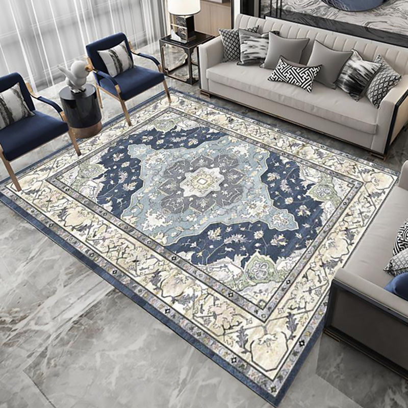 Sikunuo | Moroccan Living Room Rug in Blue Medallion Floral Pattern Rug Polyester Stain Resistant Non-Slip Area Rug