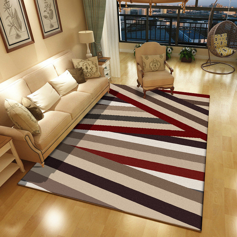Sikunuo | Novelty living room rug in brown with geometric stripe design rug polyester non-slip backing washable rug