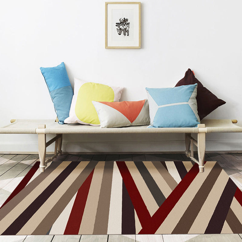 Sikunuo | Novelty living room rug in brown with geometric stripe design rug polyester non-slip backing washable rug