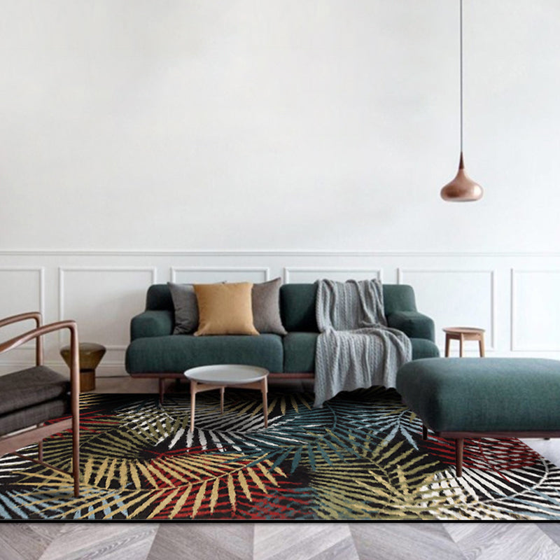 Sikunuo | Black Bedroom Carpet Vintage Botanical Leaf Pattern Area Rug Polyester Pet-Friendly Washable Rug