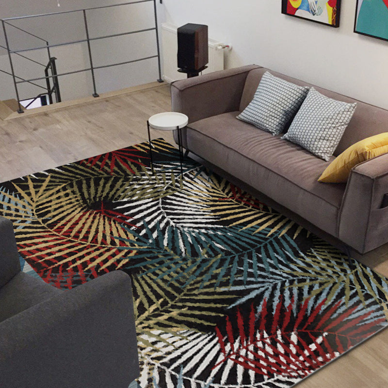 Sikunuo | Black Bedroom Carpet Vintage Botanical Leaf Pattern Area Rug Polyester Pet-Friendly Washable Rug
