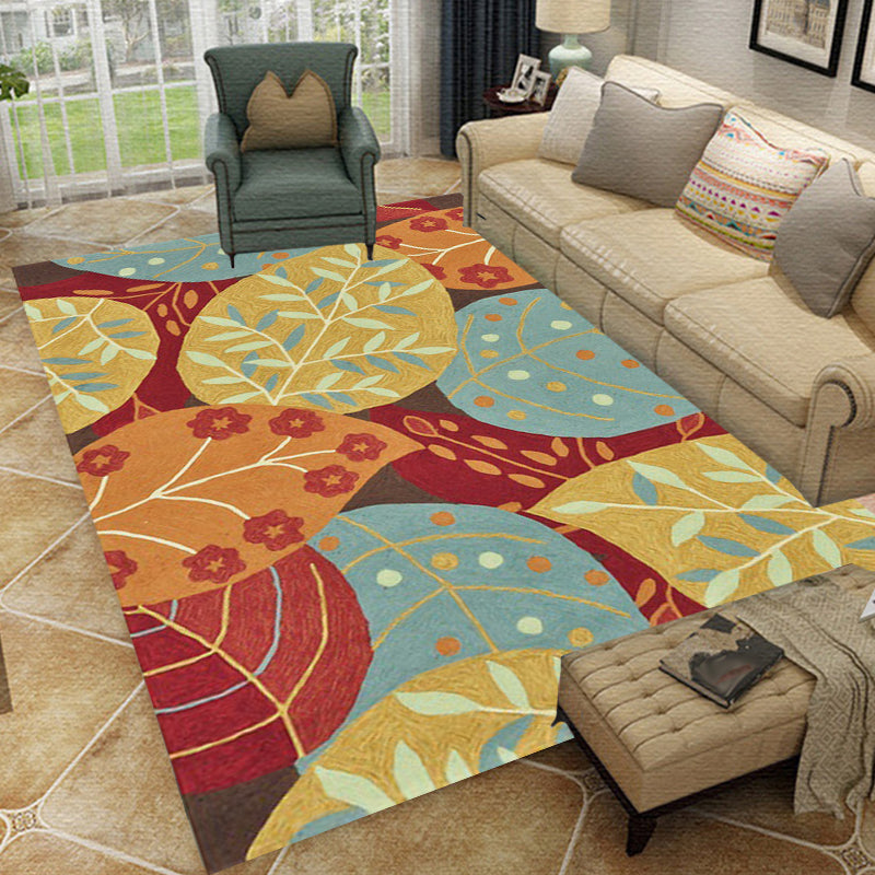 Sikunuo | Red and Yellow Bedroom Carpet Vintage Botanical Leaf Pattern Carpet Polyester Anti-Slip Backing Carpet
