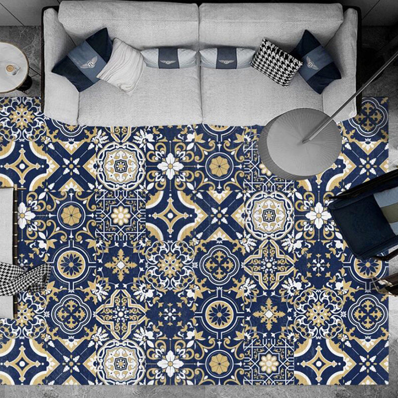 Sikunuo | Blue Bedroom Rug Moroccan Flower Square Pattern Rug Polyester Non-Slip Back Rug