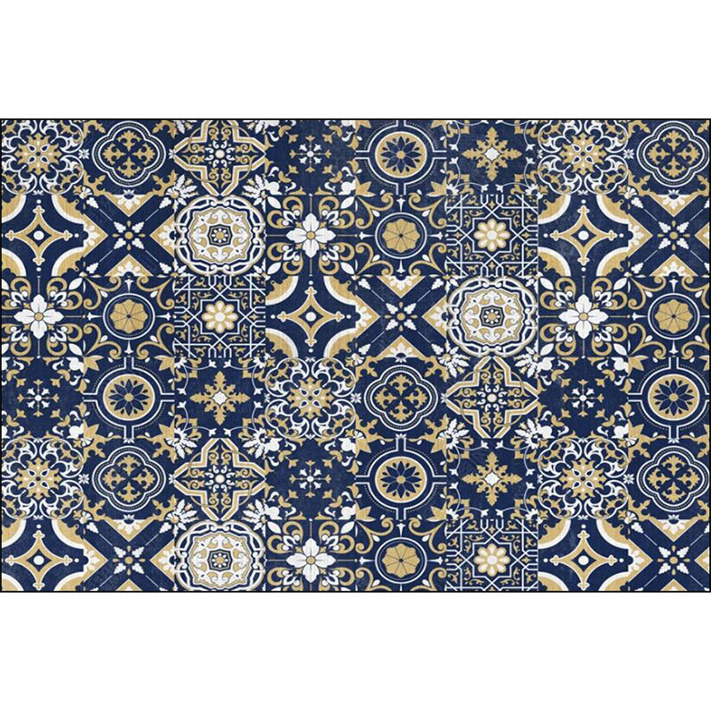 Sikunuo | Blue Bedroom Rug Moroccan Flower Square Pattern Rug Polyester Non-Slip Back Rug