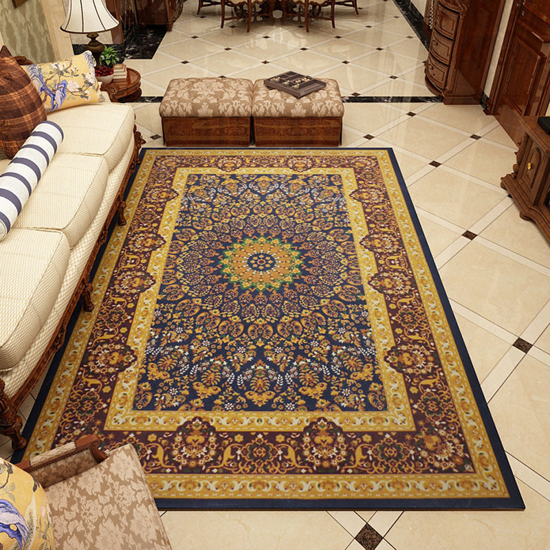 Sikunuo | Moroccan Living Room Rug in Blue and Brown Medallion Floral Pattern Print Rug Polyester Pet-Friendly Rug