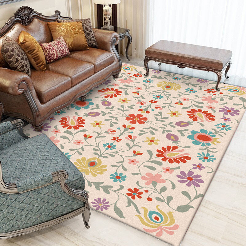Sikunuo | Vintage Floral Pattern Rug Pink Polyester Rug Machine Washable Non-Slip Rug for Bedroom