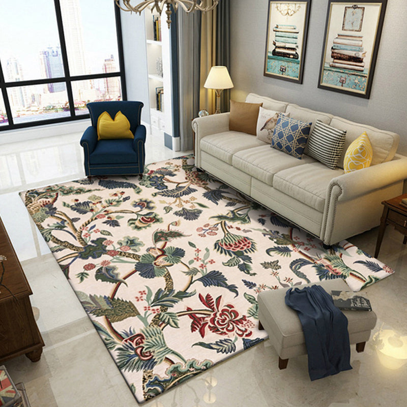 Sikunuo | Light Yellow Vintage Carpet Polyester Flower and Leaf Pattern Carpet Washable Non-Slip Background Carpet for Living Room