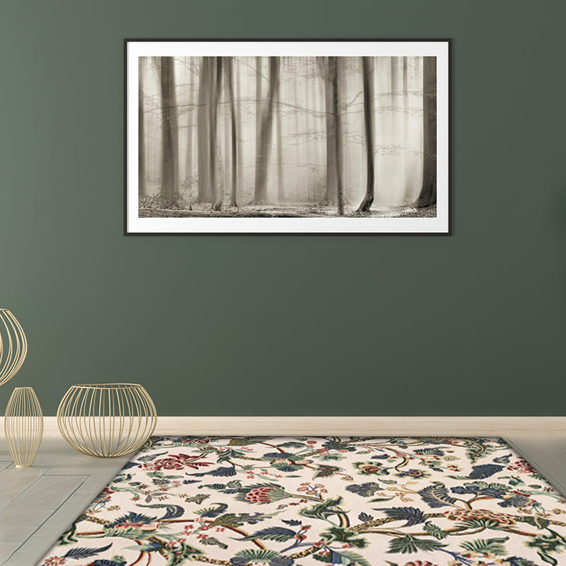 Sikunuo | Light Yellow Vintage Carpet Polyester Flower and Leaf Pattern Carpet Washable Non-Slip Background Carpet for Living Room