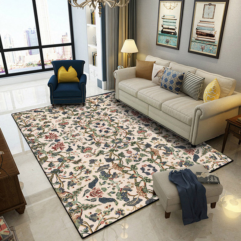 Sikunuo | Retro Floral Pattern Carpet Light Yellow Classic Carpet Polyester Washable Non-Slip Back Carpet for Living Room