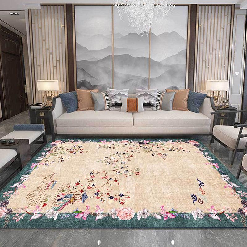 Sikunuo | Light brown vintage carpet made of polyester with floral pattern, washable, non-slip back, carpet for the living room