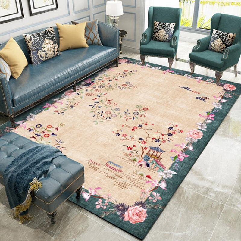 Sikunuo | Light brown vintage carpet made of polyester with floral pattern, washable, non-slip back, carpet for the living room