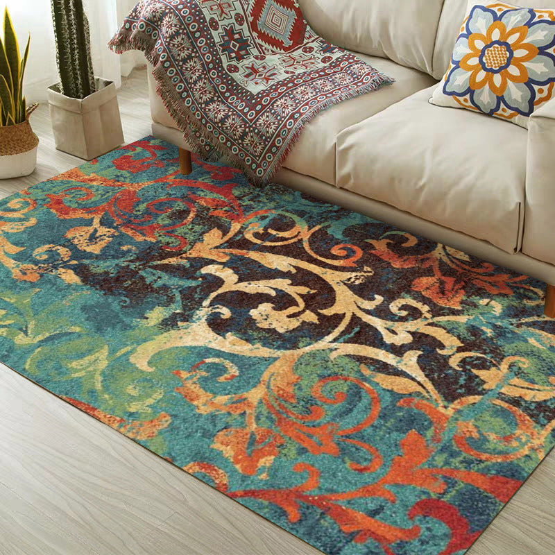 Sikunuo | Classic paisley pattern rug Green and Orange Polyester rug Machine washable Non-slip carpet for the bedroom