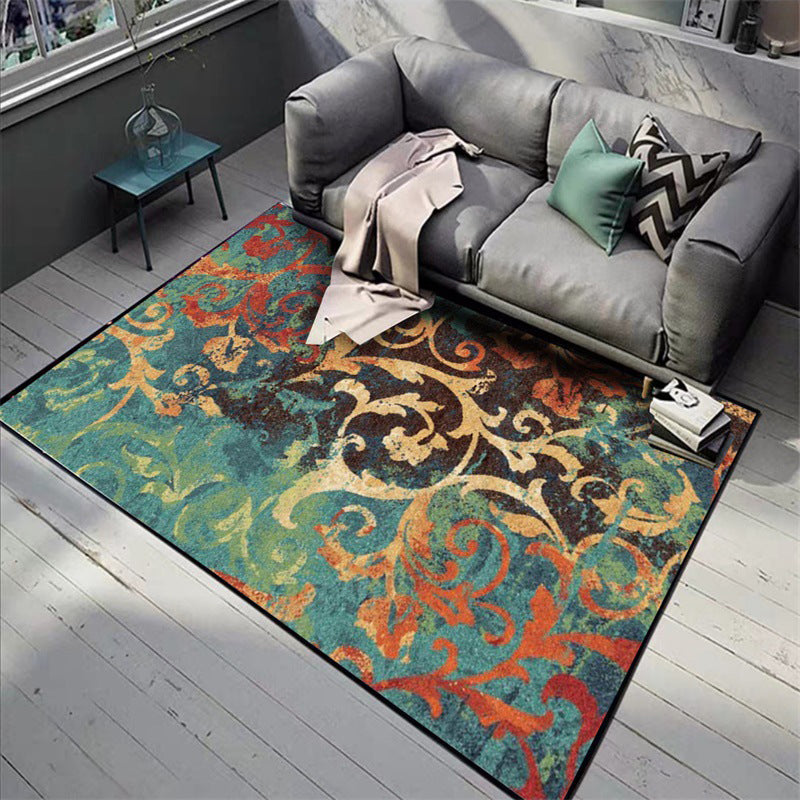 Sikunuo | Classic paisley pattern rug Green and Orange Polyester rug Machine washable Non-slip carpet for the bedroom