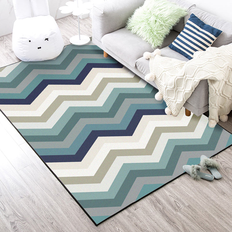 Sikunuo | Blue Bedroom Carpet New Arrival Geometric Wave Pattern Carpet Polyester Stain Resistant Carpet