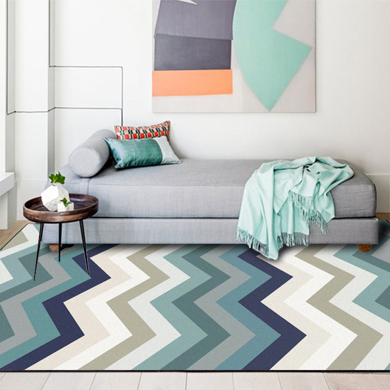 Sikunuo | Blue Bedroom Carpet New Arrival Geometric Wave Pattern Carpet Polyester Stain Resistant Carpet
