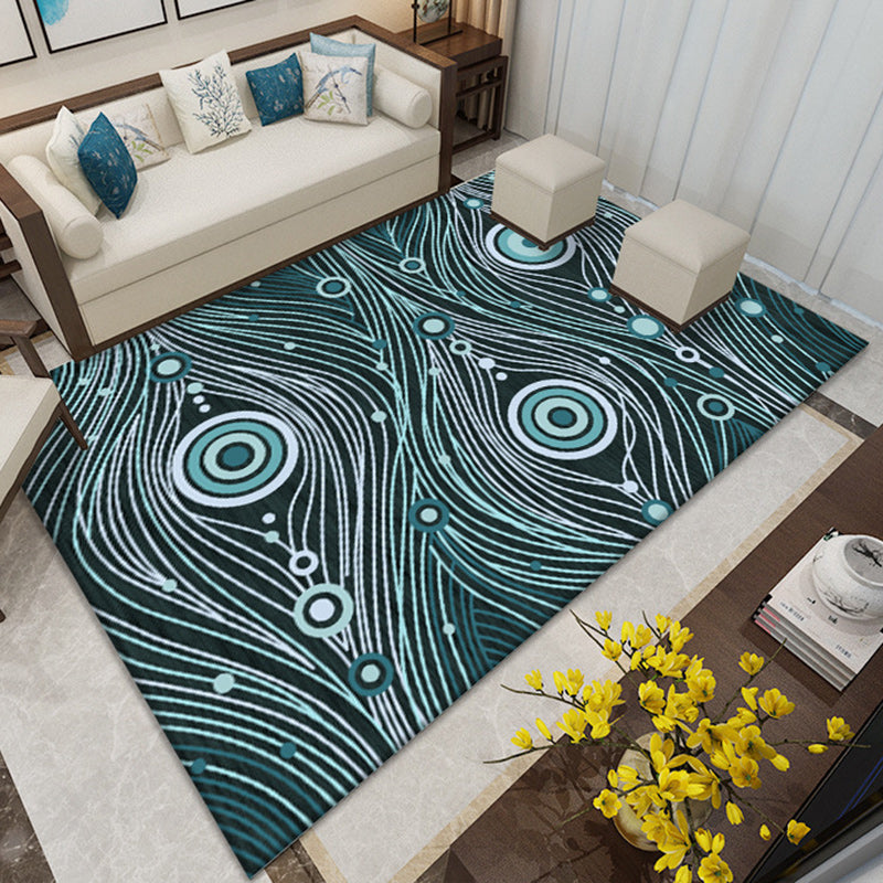 Sikunuo | Southwest Living Room Rug in White and Blue Circle Line Print Rug Polyester Stain Resistant Area Rug