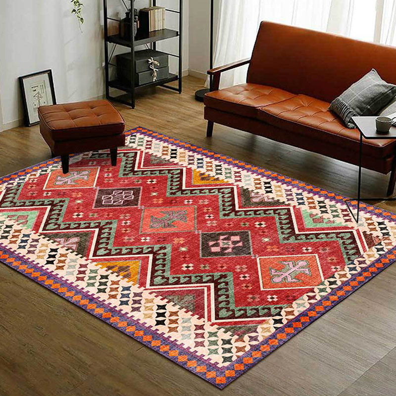 Sikunuo | Red Bedroom Rug Southwestern Geometric Diamond Wave Pattern Rug Polyester Non-Slip Backing Rug