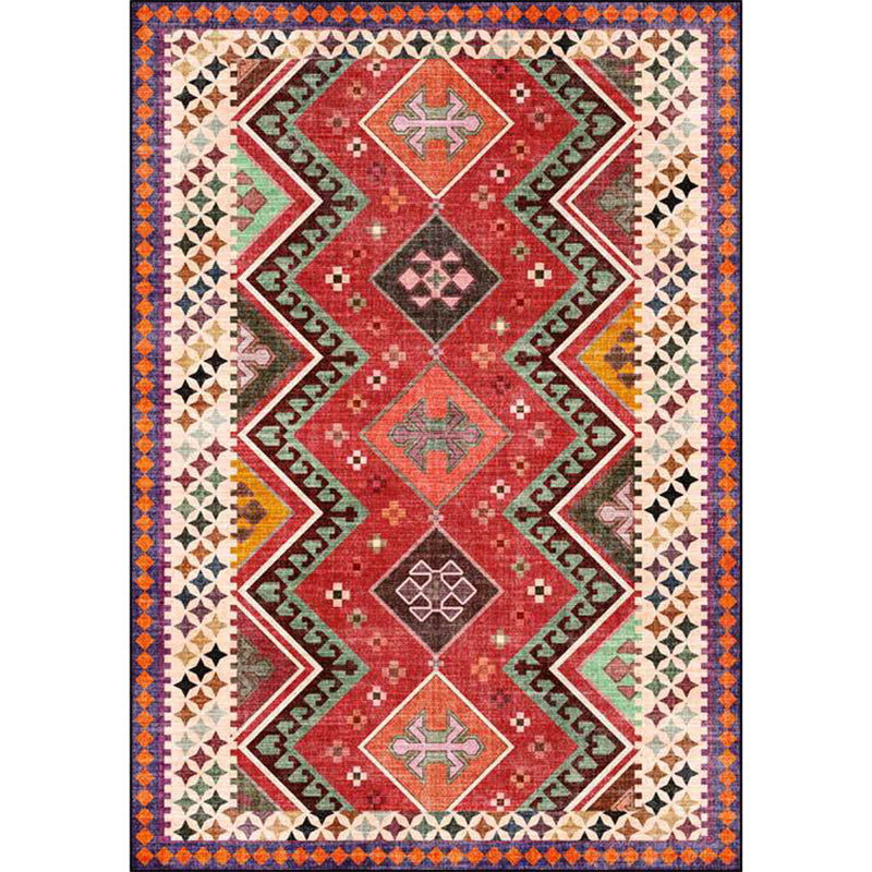 Sikunuo | Red Bedroom Rug Southwestern Geometric Diamond Wave Pattern Rug Polyester Non-Slip Backing Rug