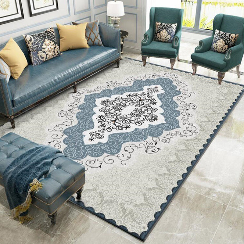 Sikunuo | Mediterranean Moroccan rug in blue and gray medallion pattern rug polyester non-slip rug for home decor