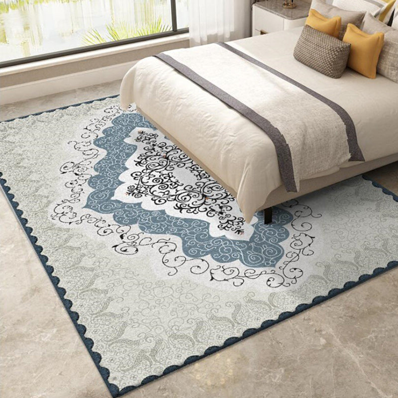 Sikunuo | Mediterranean Moroccan rug in blue and gray medallion pattern rug polyester non-slip rug for home decor
