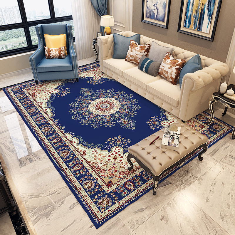 Sikunuo | Blue and gray bedroom rug Moroccan medallion floral pattern area rug polyester non-slip washable rug