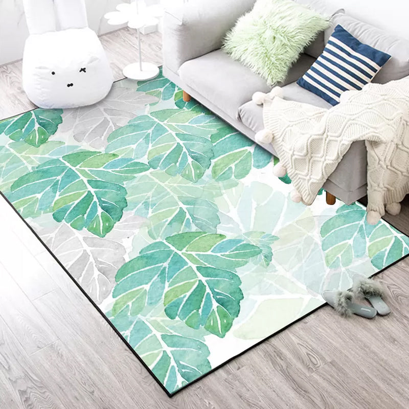 Sikunuo | Green and White Bedroom Carpet Tropical Botanical Leaf Pattern Area Rug Polyester Stain-Resistant Washable Rug