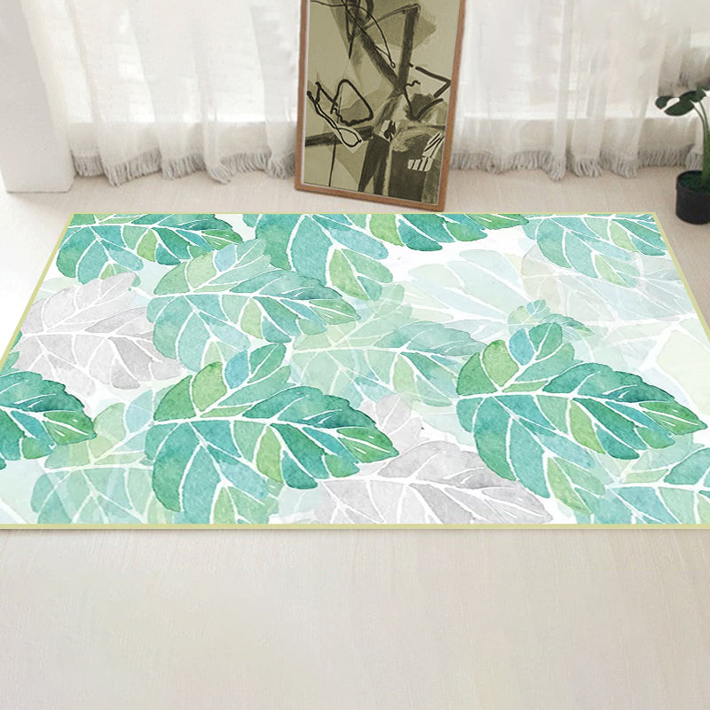 Sikunuo | Green and White Bedroom Carpet Tropical Botanical Leaf Pattern Area Rug Polyester Stain-Resistant Washable Rug