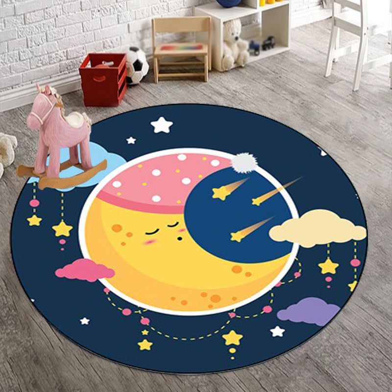 Sikunuo | Blue Children's Room Carpet Children's Fairy Tale Moon Stars Pattern Carpet Polyester  
Non-Slip Back Carpet