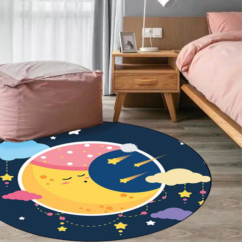 Sikunuo | Blue Children's Room Carpet Children's Fairy Tale Moon Stars Pattern Carpet Polyester  
Non-Slip Back Carpet