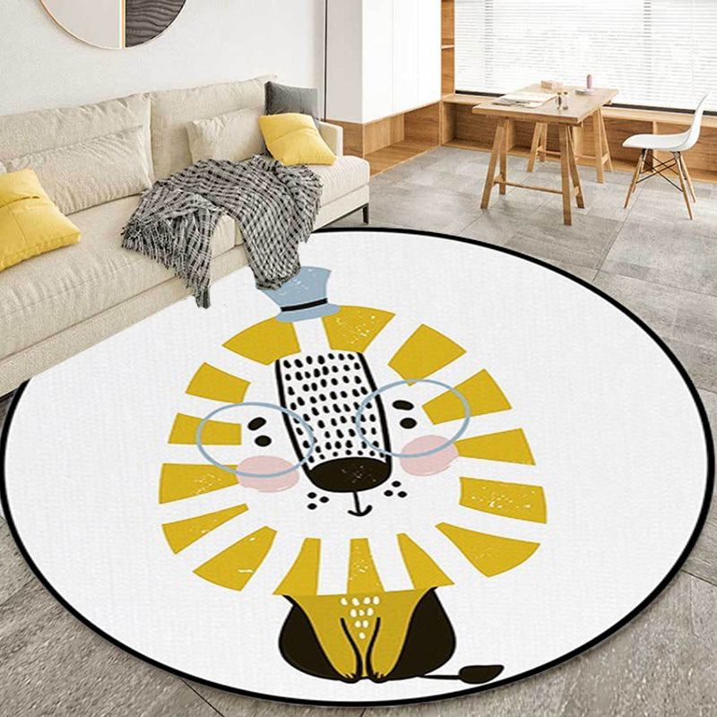 Sikunuo | White Children's Room Rug Children's Animal Lion Pattern Rug Polyester Non-Slip Backing Rug