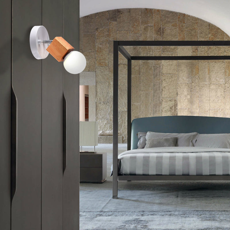 Sikunuo | Black/White 1 Head Wall Lamp Sconces Industrial Style Wooden Square Wall Mount Light with Circular Wall Plate
