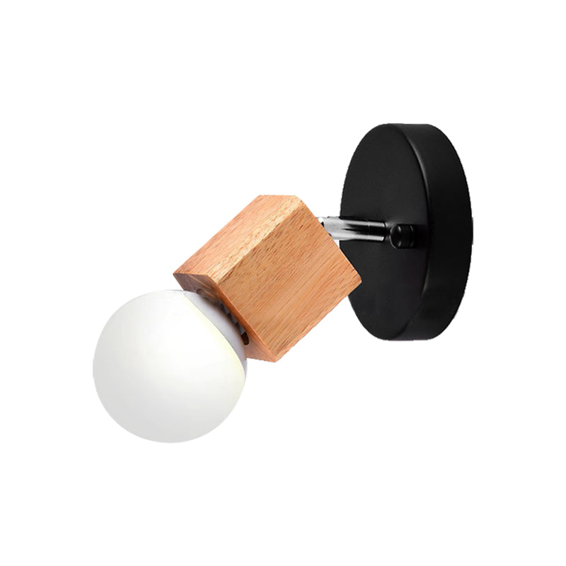 Sikunuo | Black/White 1 Head Wall Lamp Sconces Industrial Style Wooden Square Wall Mount Light with Circular Wall Plate
