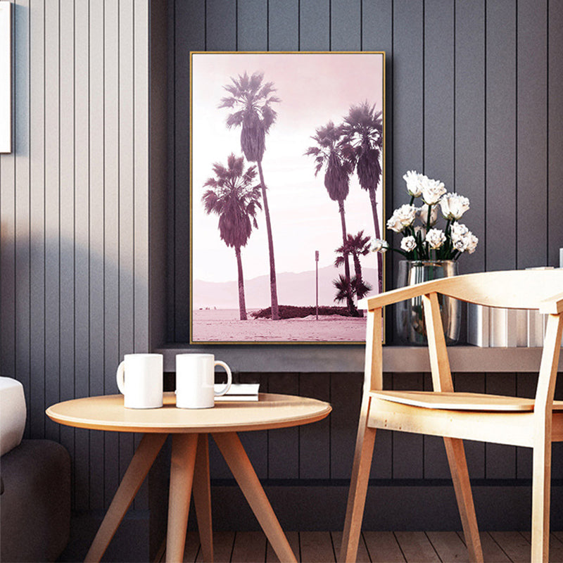 Sikunuo | Pink Tropix Canvas Wall Art Areca Nut Palm at the Beach Landscape Wall Decoration for the Living Room