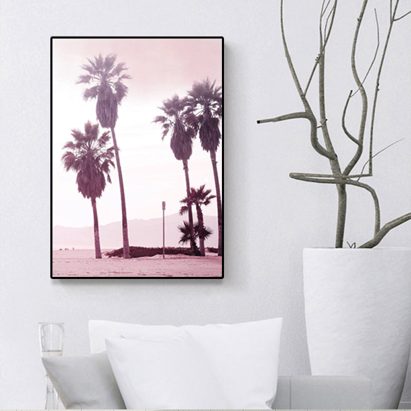 Sikunuo | Pink Tropix Canvas Wall Art Areca Nut Palm at the Beach Landscape Wall Decoration for the Living Room