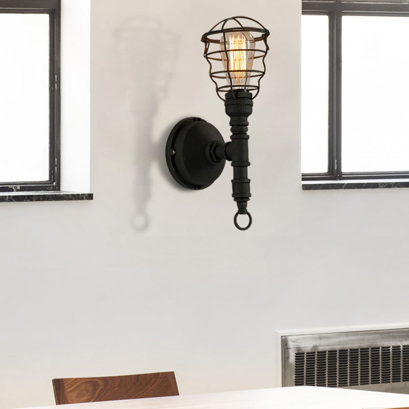 Sikunuo | Vintage Industrial Coated Wall Lamp 1 Light Metal Wall Mount Light with Water Pipe in Black for Dining Room
