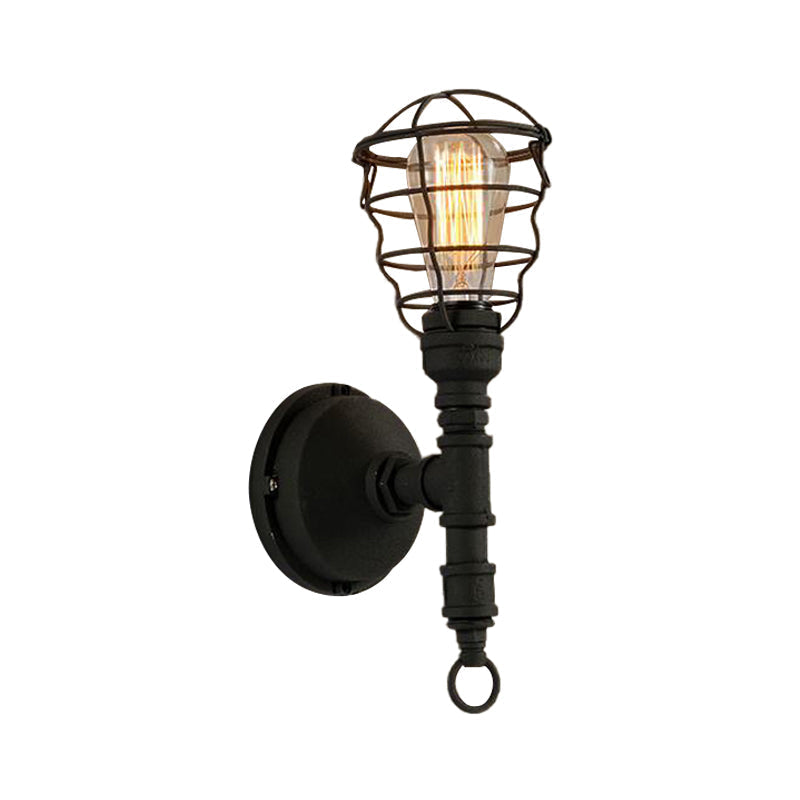 Sikunuo | Vintage Industrial Coated Wall Lamp 1 Light Metal Wall Mount Light with Water Pipe in Black for Dining Room