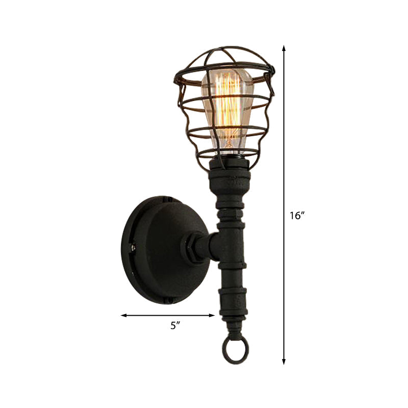 Sikunuo | Vintage Industrial Coated Wall Lamp 1 Light Metal Wall Mount Light with Water Pipe in Black for Dining Room