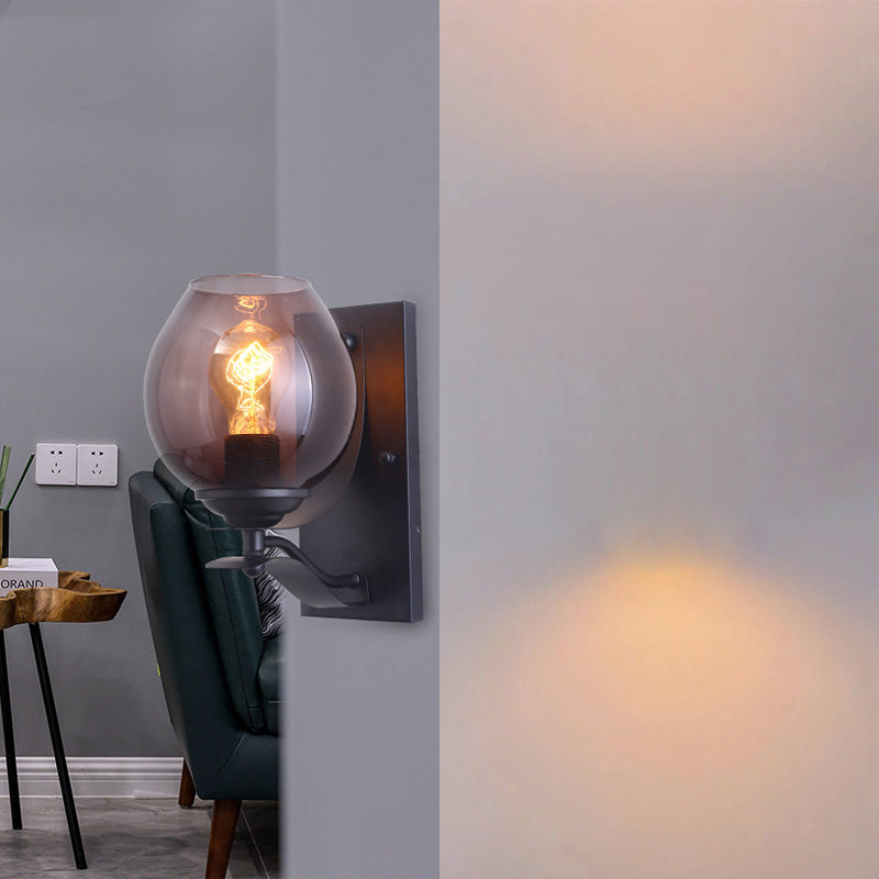 Sikunuo | A light wall lamp with ball shade gray glass industrial café lighting fixture in black