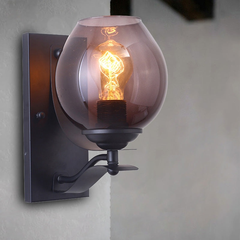 Sikunuo | A light wall lamp with ball shade gray glass industrial café lighting fixture in black