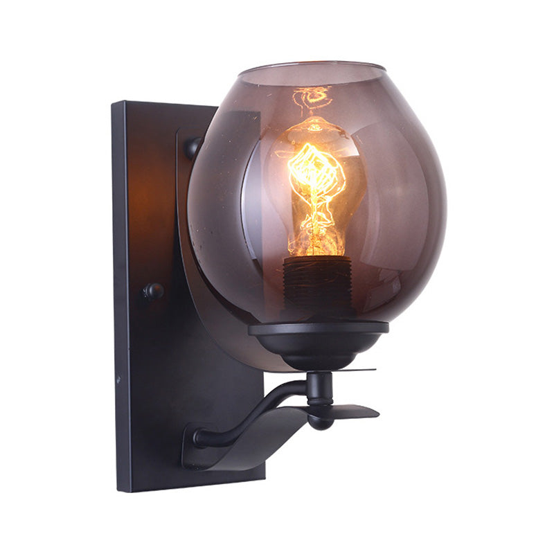 Sikunuo | A light wall lamp with ball shade gray glass industrial café lighting fixture in black