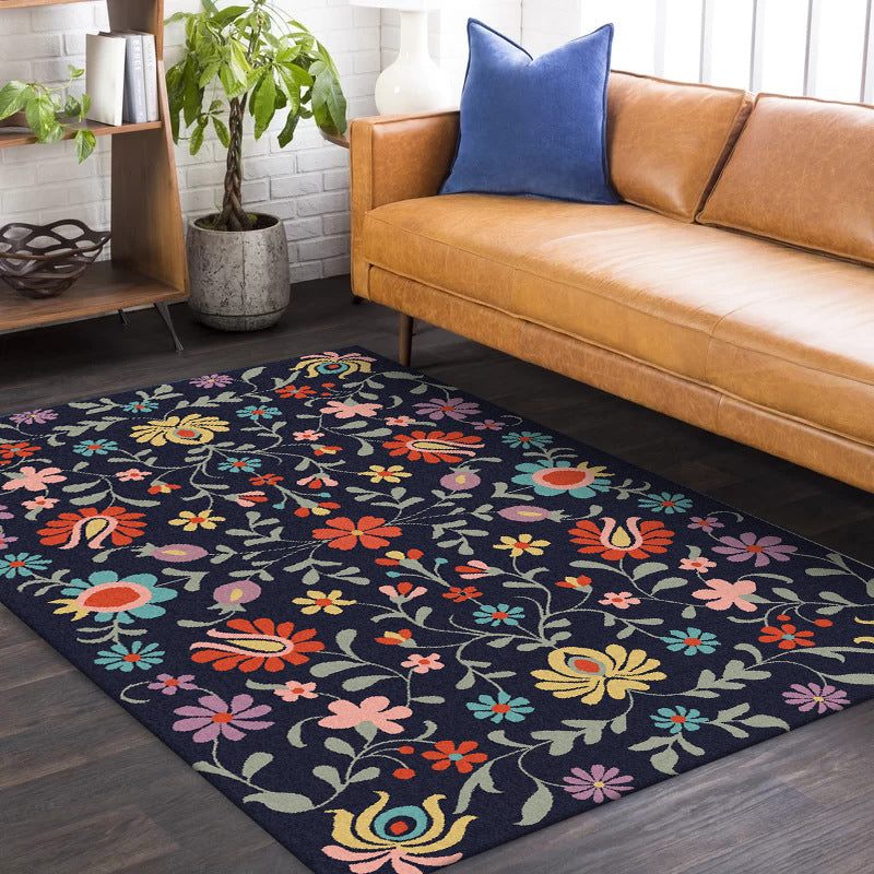 Sikunuo | Classic floral pattern rug with leaves Marine Polyester rug Machine washable Non-slip rug for the bedroom