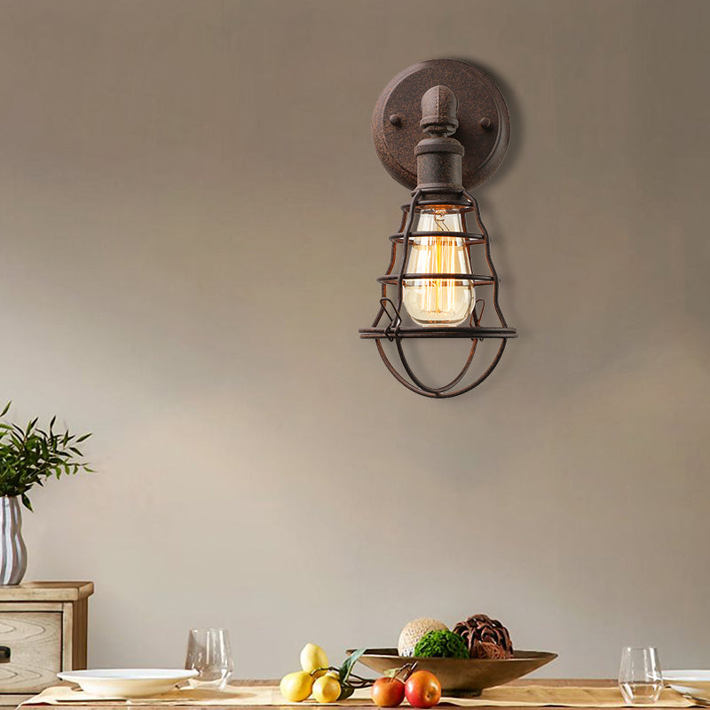 Sikunuo | Wire Frame Iron Wall Lamp with Pipe Farmhouse 1 Head Dining Room Mini Wall Lamp in Rust