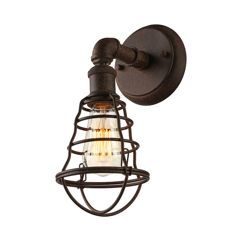 Sikunuo | Wire Frame Iron Wall Lamp with Pipe Farmhouse 1 Head Dining Room Mini Wall Lamp in Rust