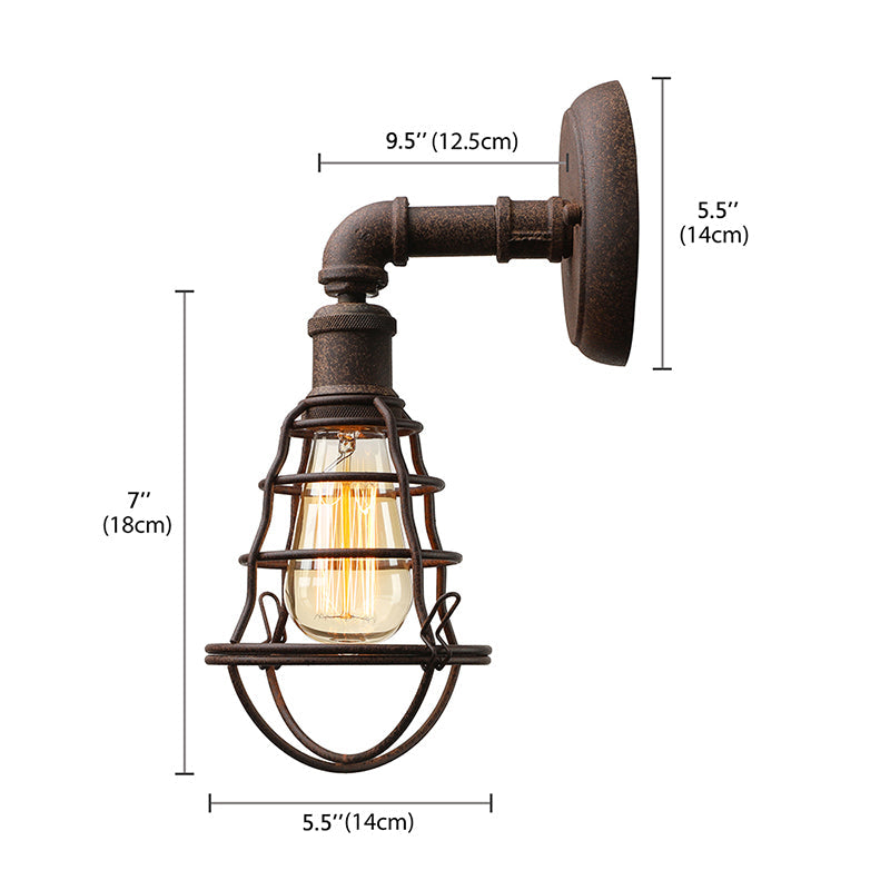 Sikunuo | Wire Frame Iron Wall Lamp with Pipe Farmhouse 1 Head Dining Room Mini Wall Lamp in Rust