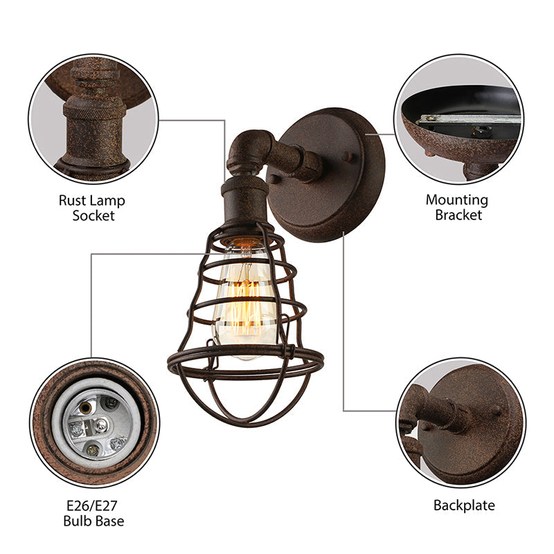 Sikunuo | Wire Frame Iron Wall Lamp with Pipe Farmhouse 1 Head Dining Room Mini Wall Lamp in Rust
