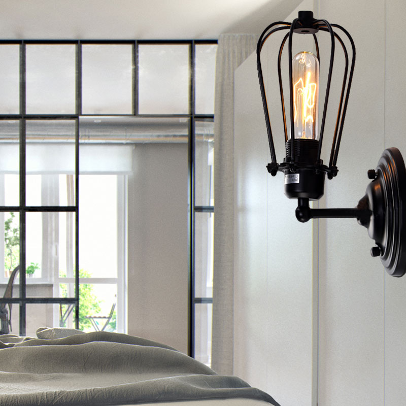 Sikunuo | 1 Light Mini Wall Lamp Wall Bracket with Wire Frame Industrial Black Iron Wall Mount Lamp for Hallway