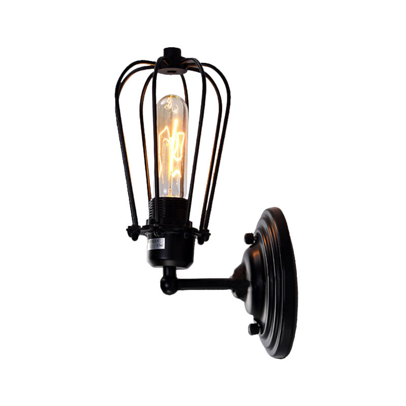 Sikunuo | 1 Light Mini Wall Lamp Wall Bracket with Wire Frame Industrial Black Iron Wall Mount Lamp for Hallway