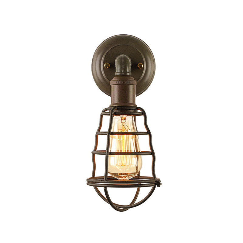 Sikunuo | Rust Finish Mini Wall Lamp with Cage Shade Antique Style Iron 1 Light Farmhouse Wall Mount Lighting
